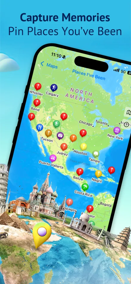 iPhone showing a Places I've Been map of North America dotted with colored and category-icon pins on cities like Whistler, Chicago, New York, Tucson and Costa Rica