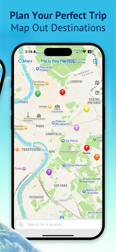 iPhone showing a Trip to Italy Planning map of Rome with colored pins near the Trevi Fountain, Roman Forum and Circus Maximus, and a location search bar