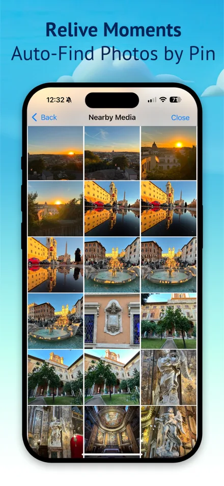 iPhone showing a Nearby Media grid of travel photos found for a pin — Rome sunsets, fountains, statues and courtyards — titled Relive Moments, Auto-Find Photos by Pin